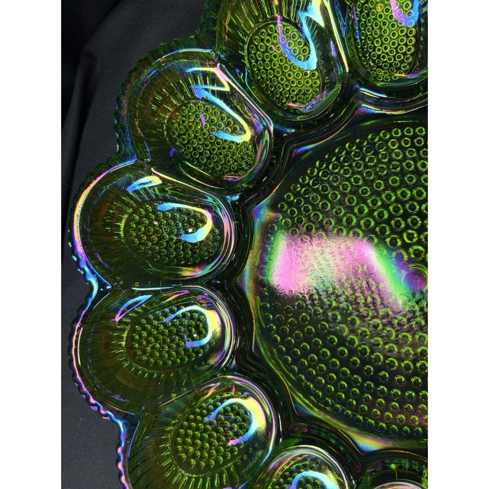 Vintage Indiana Glass Deviled Egg Plate Carnival Hobnail Lime Green 11" 1960s - Picture 4 of 16